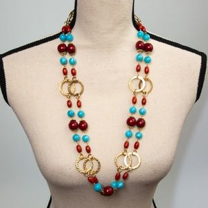 Bohemian style beaded necklaces dark red, blue, and muted gold